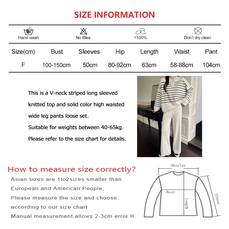 Women Loose Autumn Two-piece Set Casual V-neck Striped Long Sleeved Knit Top and Solid High Waist Wide Leg Pants Winter New Suit