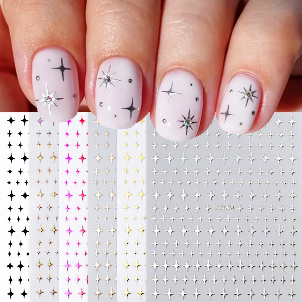 12/6/4Pcs Y2K Black White Cross Starlight Nail Sticker Gold Silver Laser Glossychic Star Adhesive Decals Stars Manicure Sliders