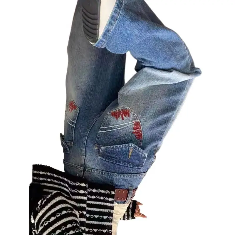 Extended Version of American Heavy Industry Embroidery  Wide-leg Jeans Women's New High-waisted and Thin Straight Mopping Pants