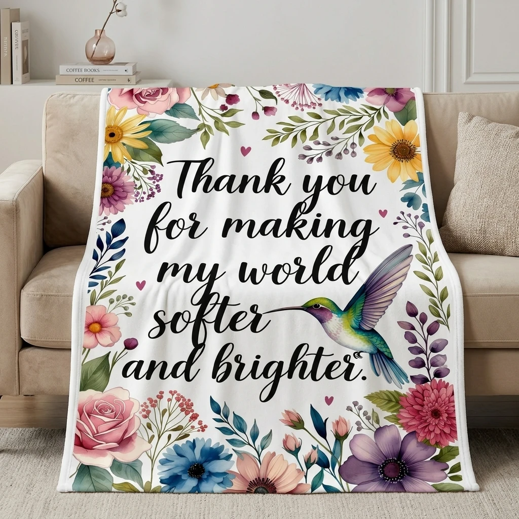 

Colorful Hummingbird & Floral Flannel Throw Blanket, "Thank You for Making My World Softer and Brighter" Gratitude Gift Blanket