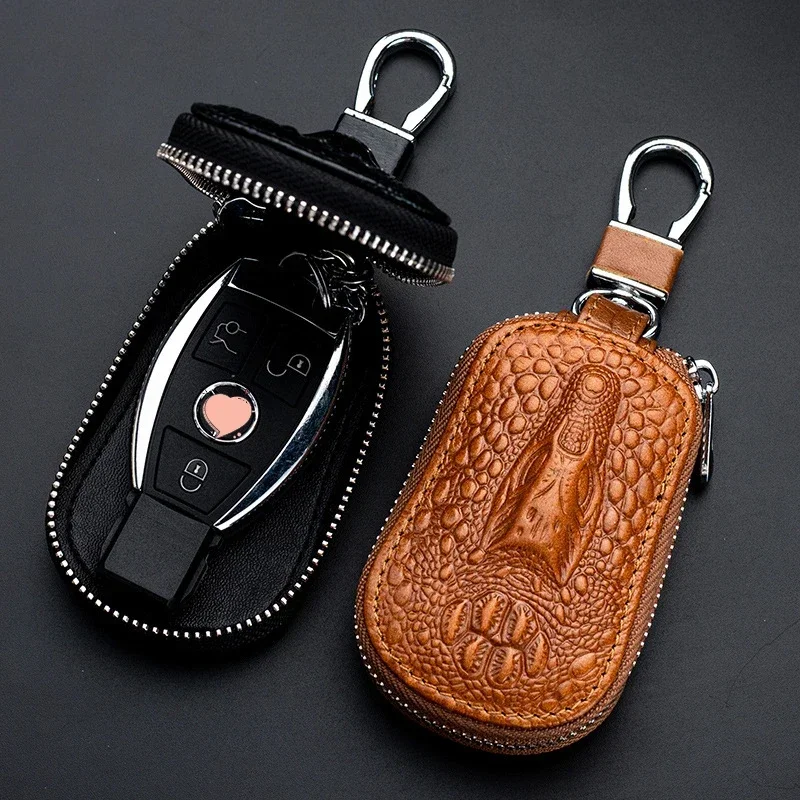 Cowhide Car Key Wallet Case Genuine Leather Crocodile Pattern Zipper Cover Mini Waist Trailer Key Bag Unisex with Metal Buckle