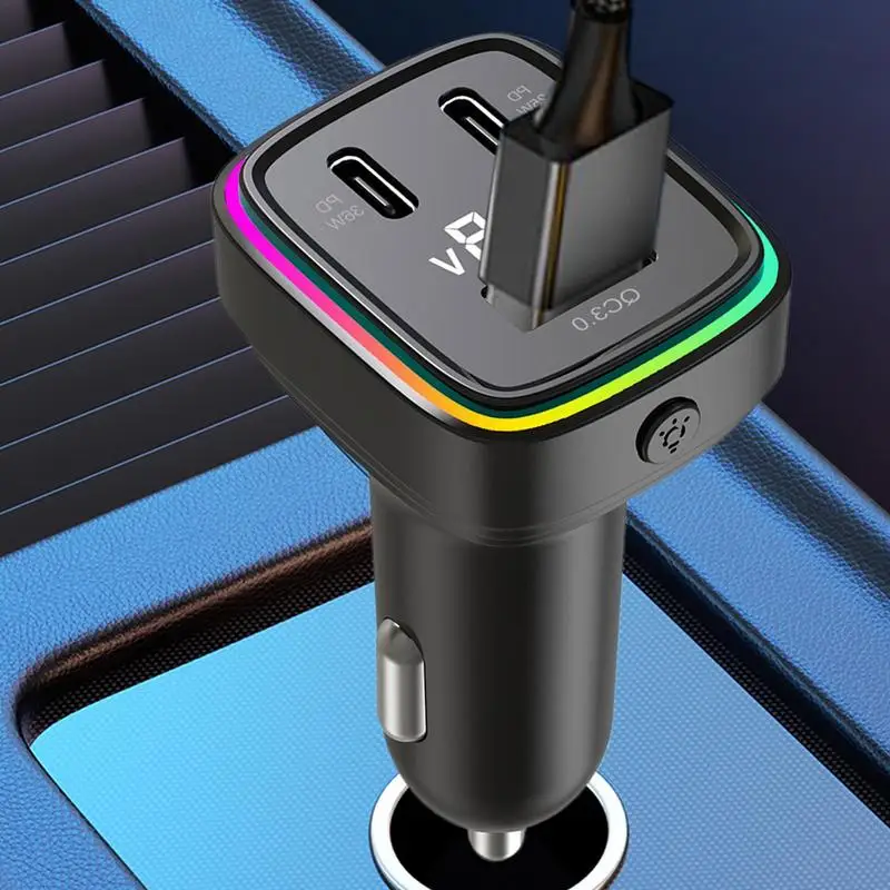 Car USB Charger Auto USB C Adapter Phone Charger 61W Eight-Color Colorful Ambient Light Car Adapter 3 Ports Fast Charging Phone