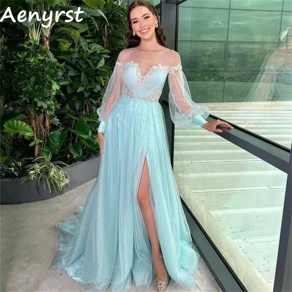 Aenyrst ชุดงานพรอมผ้าทูลแขนยาวหรูหราผ่าข้างคนรักชุดออกงานกลางคืนความยาวพื้นชุดเดรสปาร์ตี้อาหารค่ำ