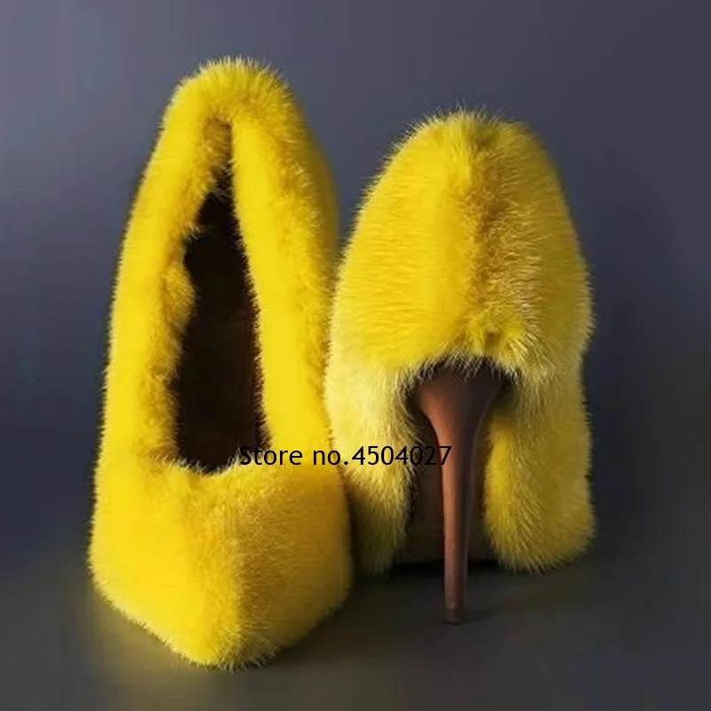 

Yellow Fluff Pointy Toe Women's Elegant High Heel Shoes Luxury Fur Stiletto Heels Ladies Summer Party Dress Pumps