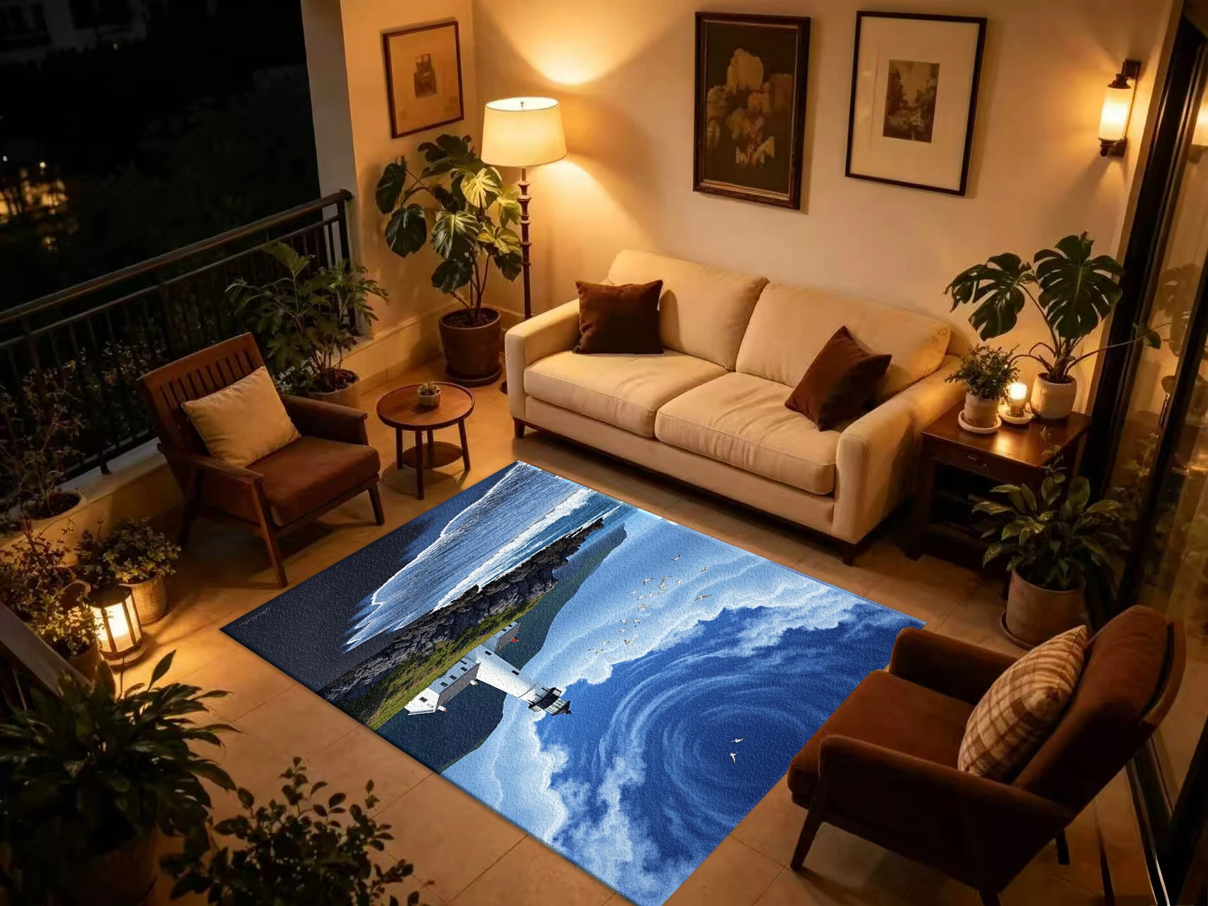 Ocean Coast Lighthouse Seagull Wave Carpet Flooring, Coastal Scenery Non-Slip Area Rug for Living Room Entryway Home Floor Mat