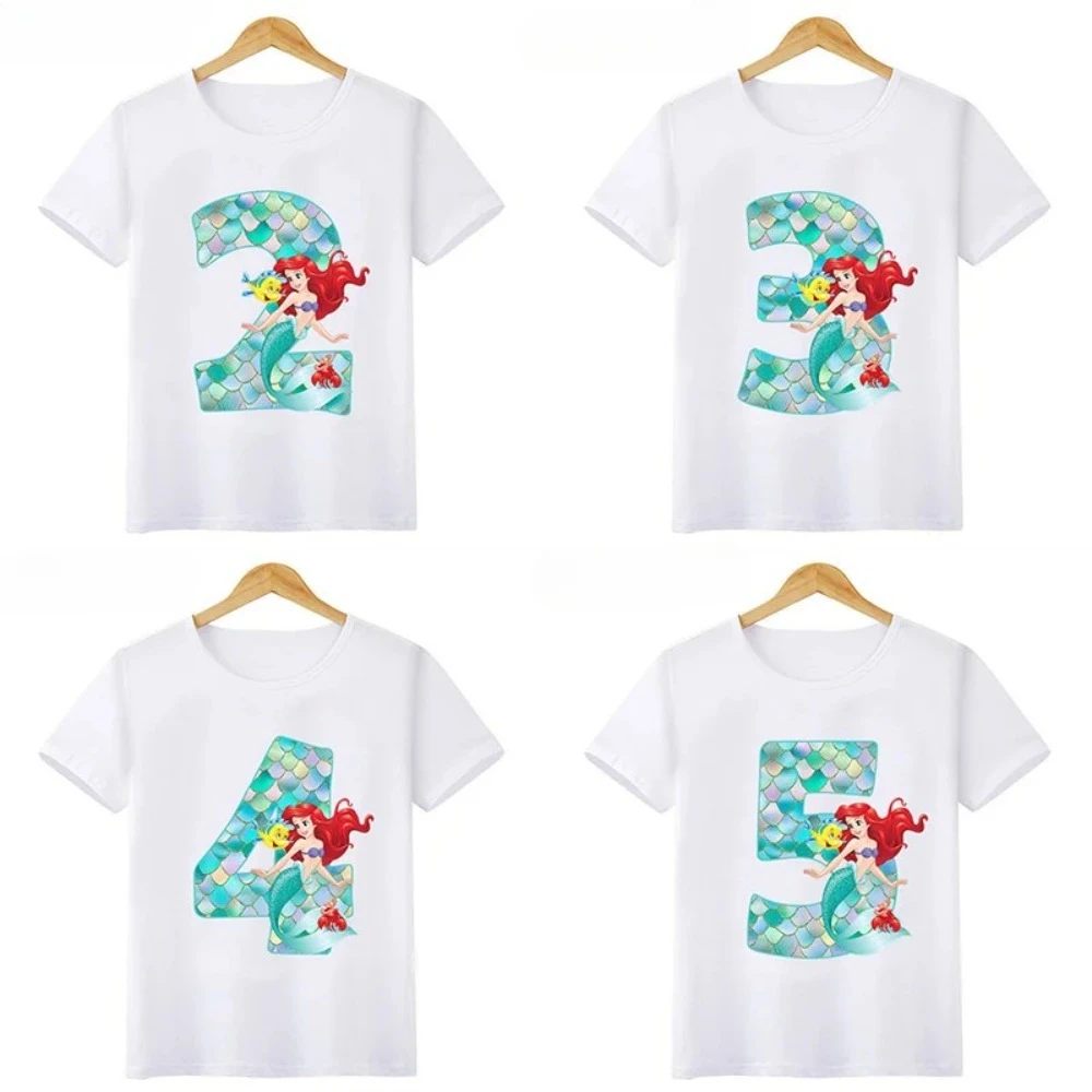 Disney Princess Mermaid Graphic Girls Clothes Kids T shirt Age 1 2 3 4 5 6 7 8 9 Years Birthday Number Bow Baby T-Shirts,HKP2697