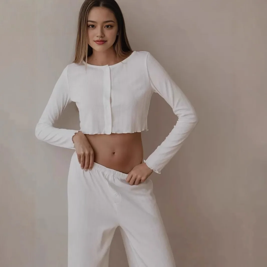 2025 Cotton material Spring Summer Women's Sexy Pajamas Homewear Set Knitted Design Long Sleeve Long Pants Pajamas Homewear Set