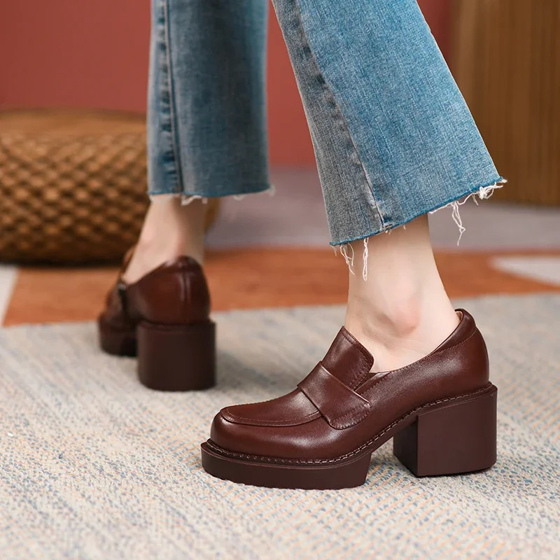 2022 Spring New Genuine Leather Platform Shoes Casual Round Toe Shoes Woman High Heel Pumps Women Shoes Zapatos De Mujer Loafers