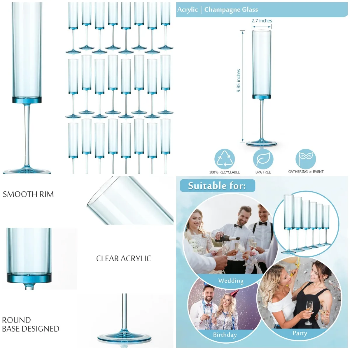 

24 Pack Blue Acrylic Champagne Glasses 5.4 OZ Cocktail Flutes for Wedding Toasting & Party Decor