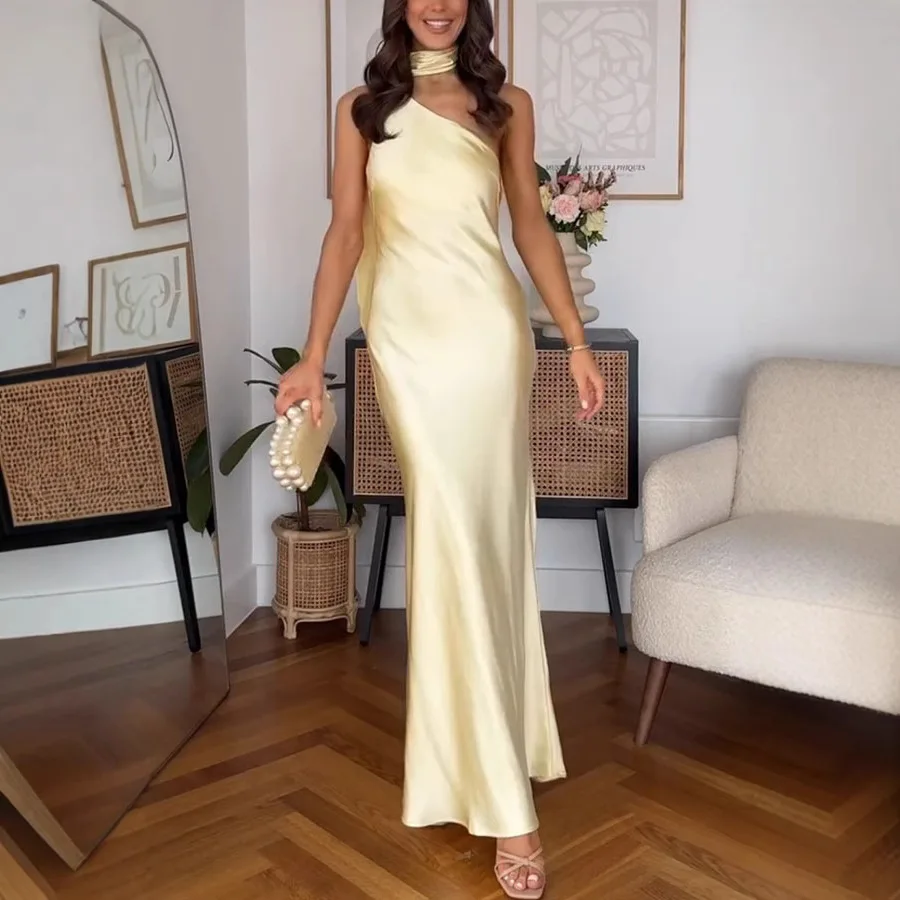 

Sweet And Fresh Party Prom Dresses Women Light Yellow Slant Collar Off Shoulder Package Hip Slim Banquet Dress Elegant Socialite