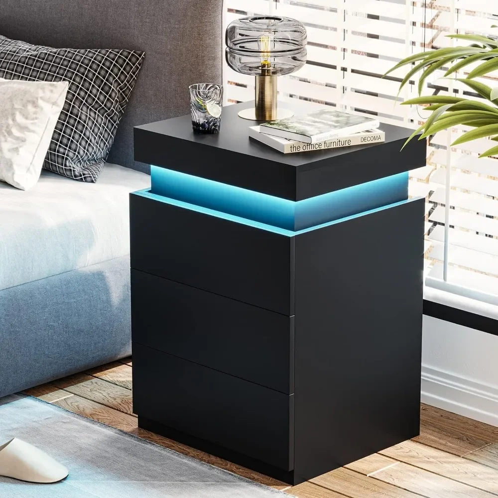 Nightstand with Charging Station and LED Lights,Night Stand with Sliding Top,Bedside Table with Drawers,Modern End Side Table image 4
