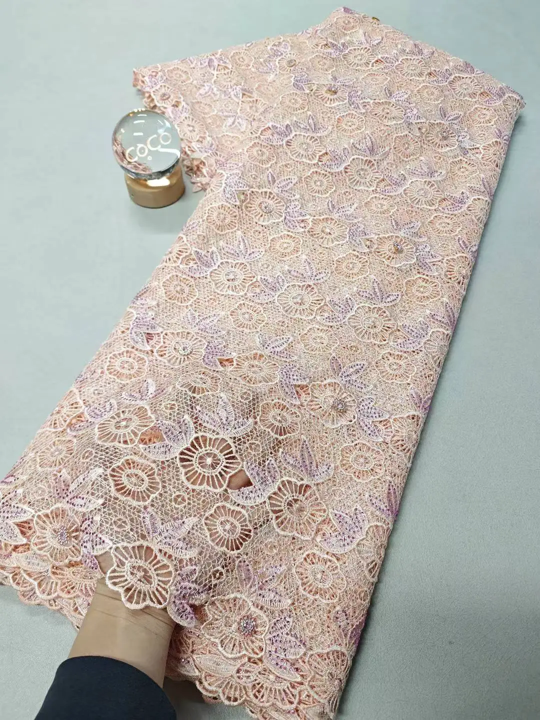 

2025 Latest High Quality African Nigerian With Tulle Sewing Guipure Lace Fabric Embroidery Dresses Sequins 5Yards XL125