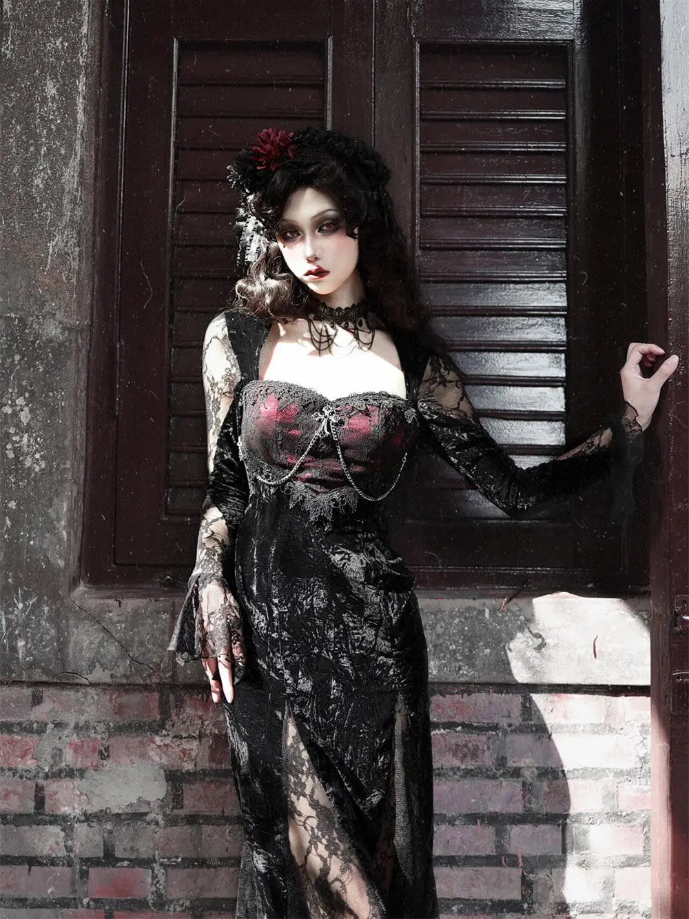 Dark Goth Elegant Mall Gothic Vrouwen Avondjurken Grunge Esthetische E-girl Fluwelen Midi Jurk Kant Splice Sexy Split Alt outfits