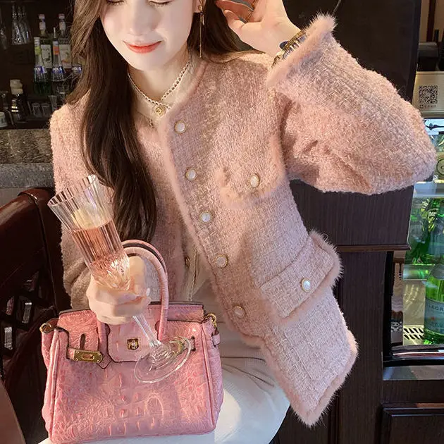 Korean Style Vintage Tassels Elegant Lady Tweed Jackets Pink Long Sleeve Suit Coat Women Autumn Winter Short Blazers Female YL6