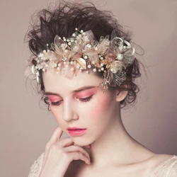 New Trendy Flower Hair Jewelry Gold Pearl Handmade Bridal Wedding Headband Rhinestone Hairband Women Hair Accessories Ornaments