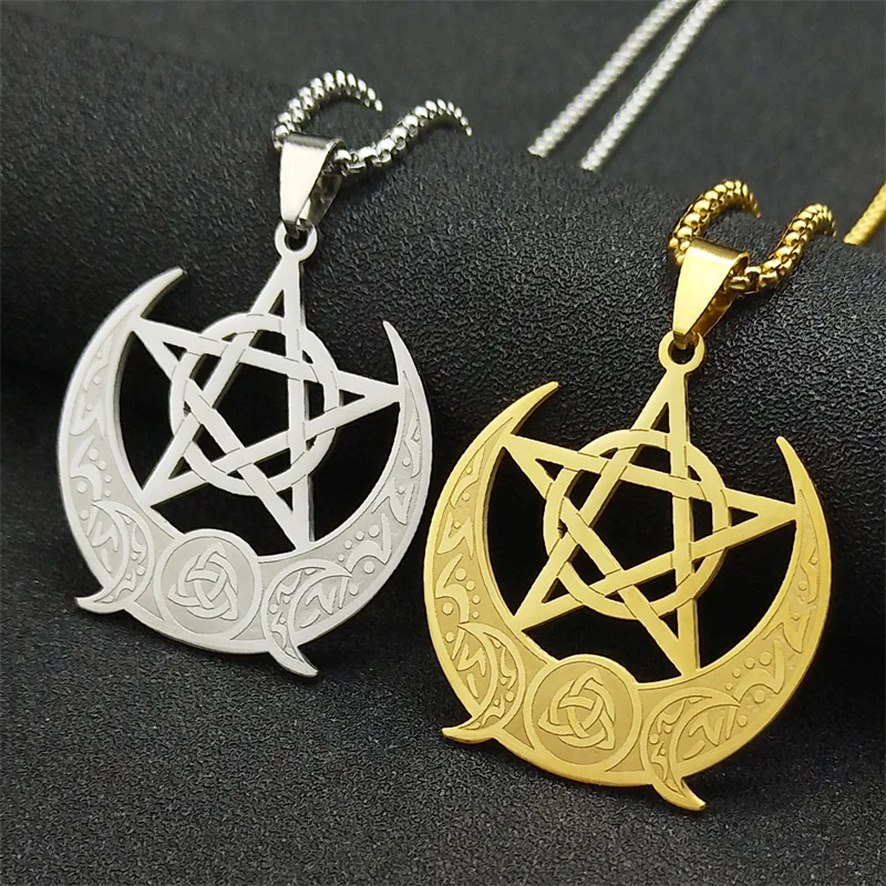 

Wicca Triple Moon Goddess Trinity Knot Necklace for Women Men Stainless Steel Witch Pentagram Chain Jewelry collier N2665-7S02