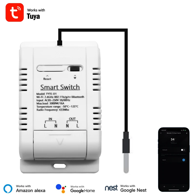 WIFI Monitoring Temperature Sensor Smart Switch 16A 3000W Intelligent Thermostat Compatible with Alexa Tuya or EWELINK App