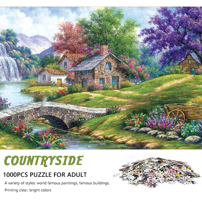 High Quality 70cm*50cm 1000pcs Jigsaw Puzzle Countryside Adult Stress Relief Beautiful Landscape Painting Puzzle