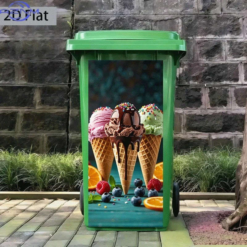 Printing Trash Can Sticker 37×82cm Colorful Ice Cream Cone Feast Themed Design Self-Adhesive Wall Decal Wallpaper for Kitchen