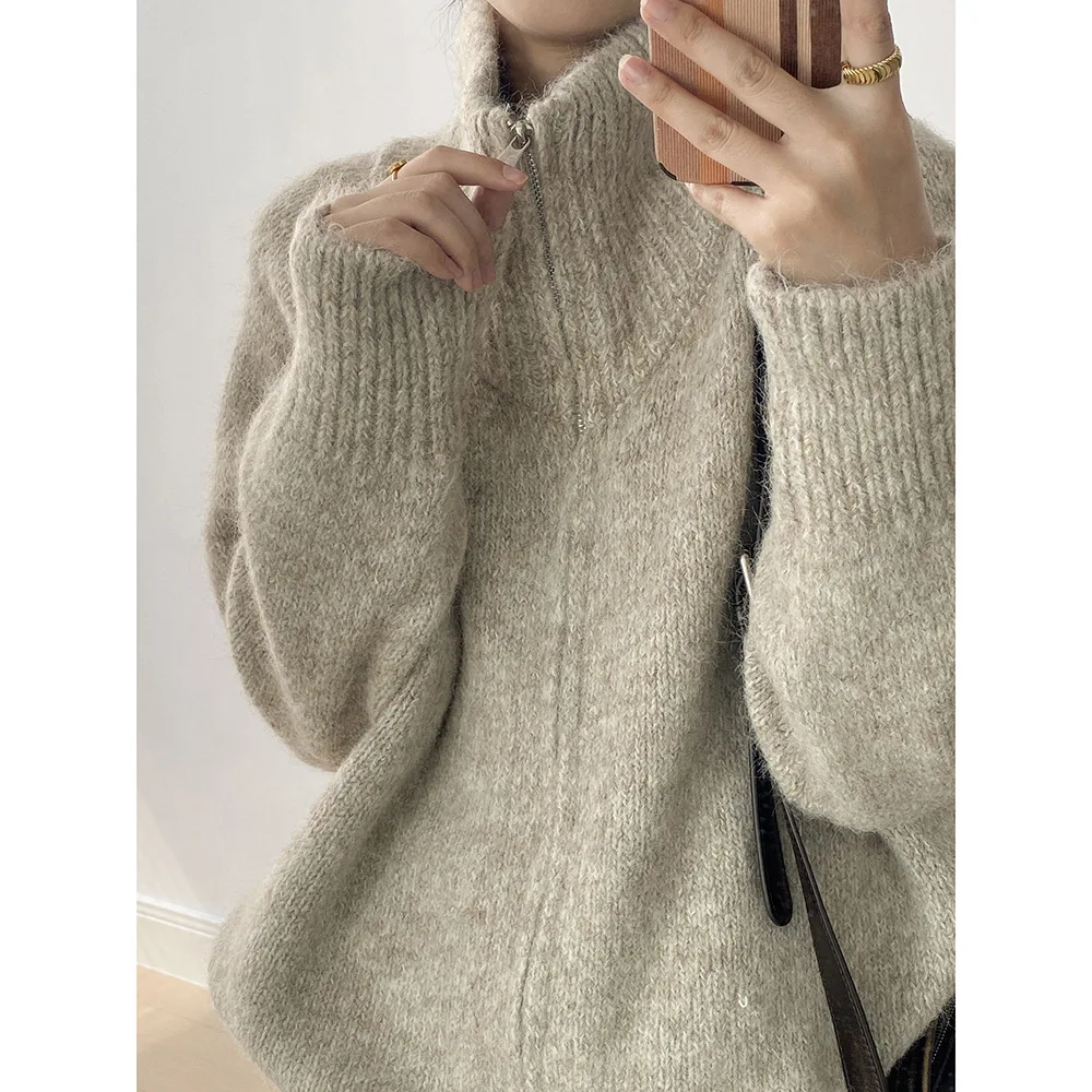 1042 Winter Fall Fashion Women's Zip Up Sweater Coats Good Quality Soft Cozy Loose Casual Half Turtleneck Cardigan Knitwear Tops