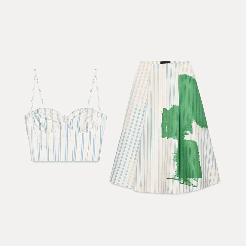 

2025 Spring New Women's Striped Crop Top Sle irt 296492 Printed Skirt 282092 Faionable Polyester Fiber Ensemble