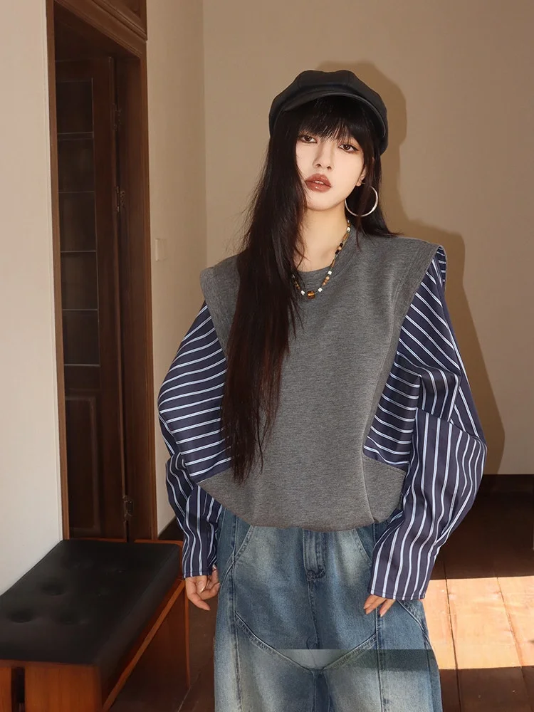 

Стильная корейская повседневная толстовка с длинным рукавом для женщин, свободный удобный топ с полосатыми вставками, имитация двухслойности