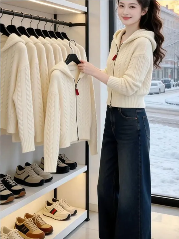 Beige Knitted Cardigan Women's Spring New Unique Beautiful Double Zipper Twist Flower Casual Comfortable Soft Regular Fit