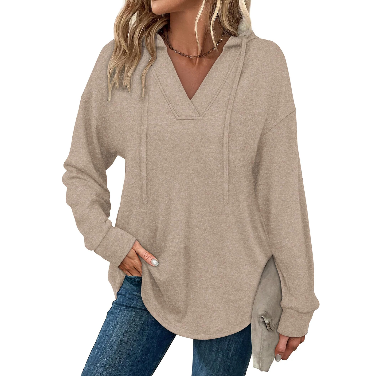 Tops Für Frau Frauen Mode Einfarbig Lange-Sleeve Mit Kapuze V-ausschnitt Casual Sweatshirt Top Frau Kleidung Winter Kleidung frau