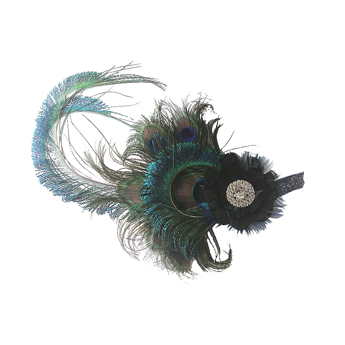 Peacock Feather Elastic Hair Band , 1920s Flapper Gatsby Feather Headband, 20s Beaded Showgirl Headpiece