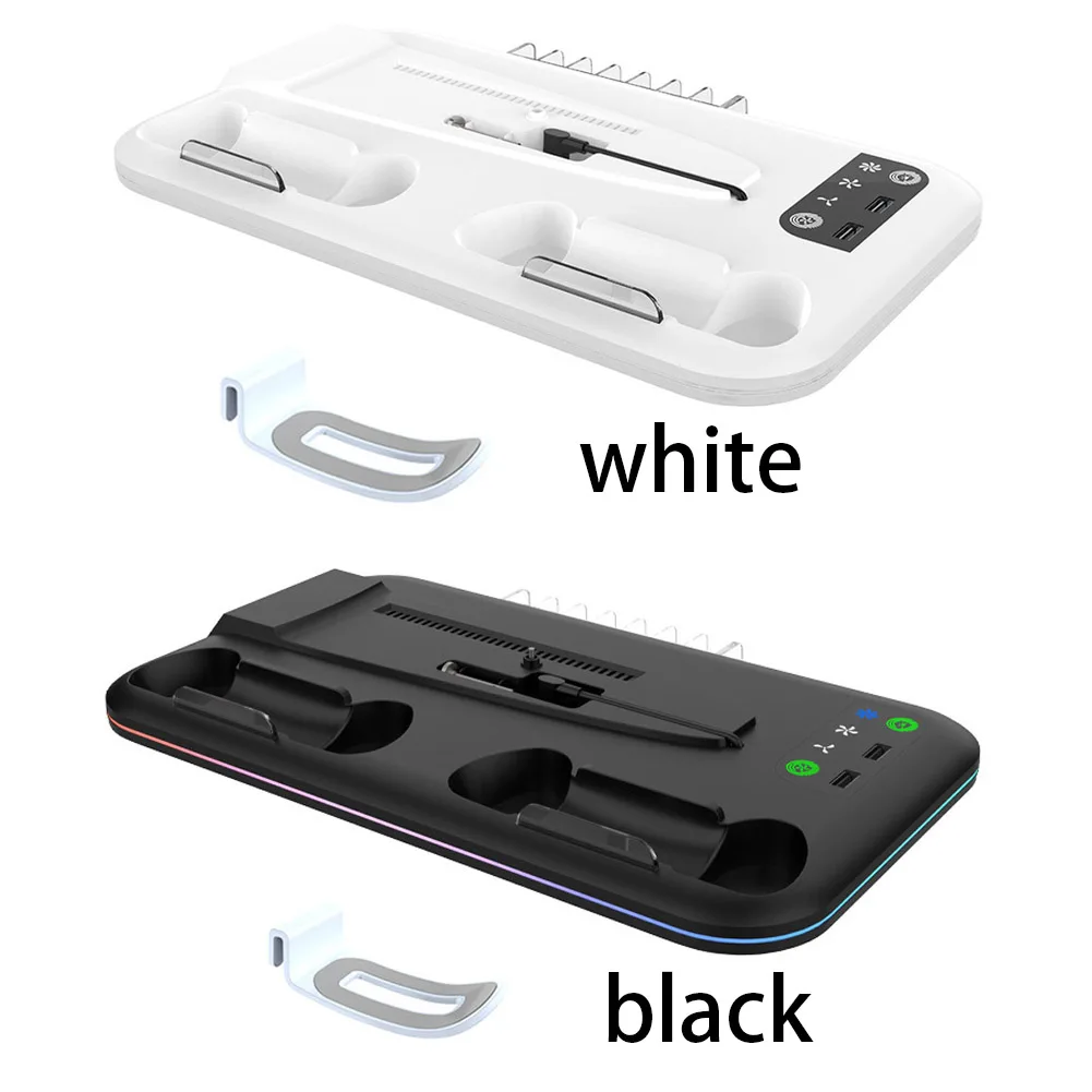 PS5 Slim Console Cooling Stand, Controlador, Suporte de carregamento com fone de ouvido, Gancho Fan, Luzes W/ RGB, Disco e Digital