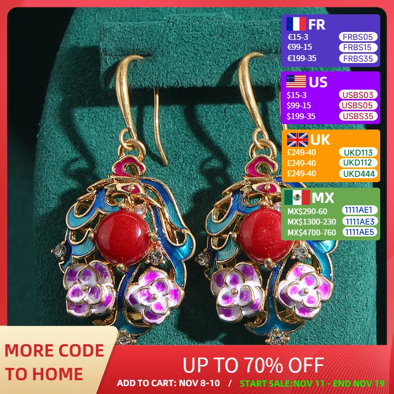

Vintage Flower Earrings Dangle Hook Jewelry Enamel Palace Colored Red Natural Stone Luxury Brand Designer Antique Gold Color