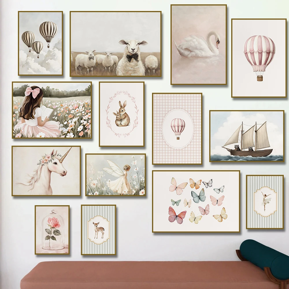 1pc frameless Canvas Painting Girl Reading Sailboat Pink Hot Air Balloon Ballerina Unicorn Rabbit  Swan Poster Canvas Painting P