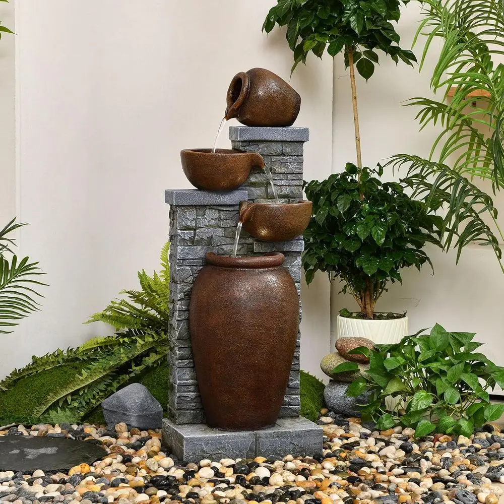 

42.52 Four-Tier Outdoor Water Fountain with LED Lights for Patio, Backyard, Deck, and Home Decor