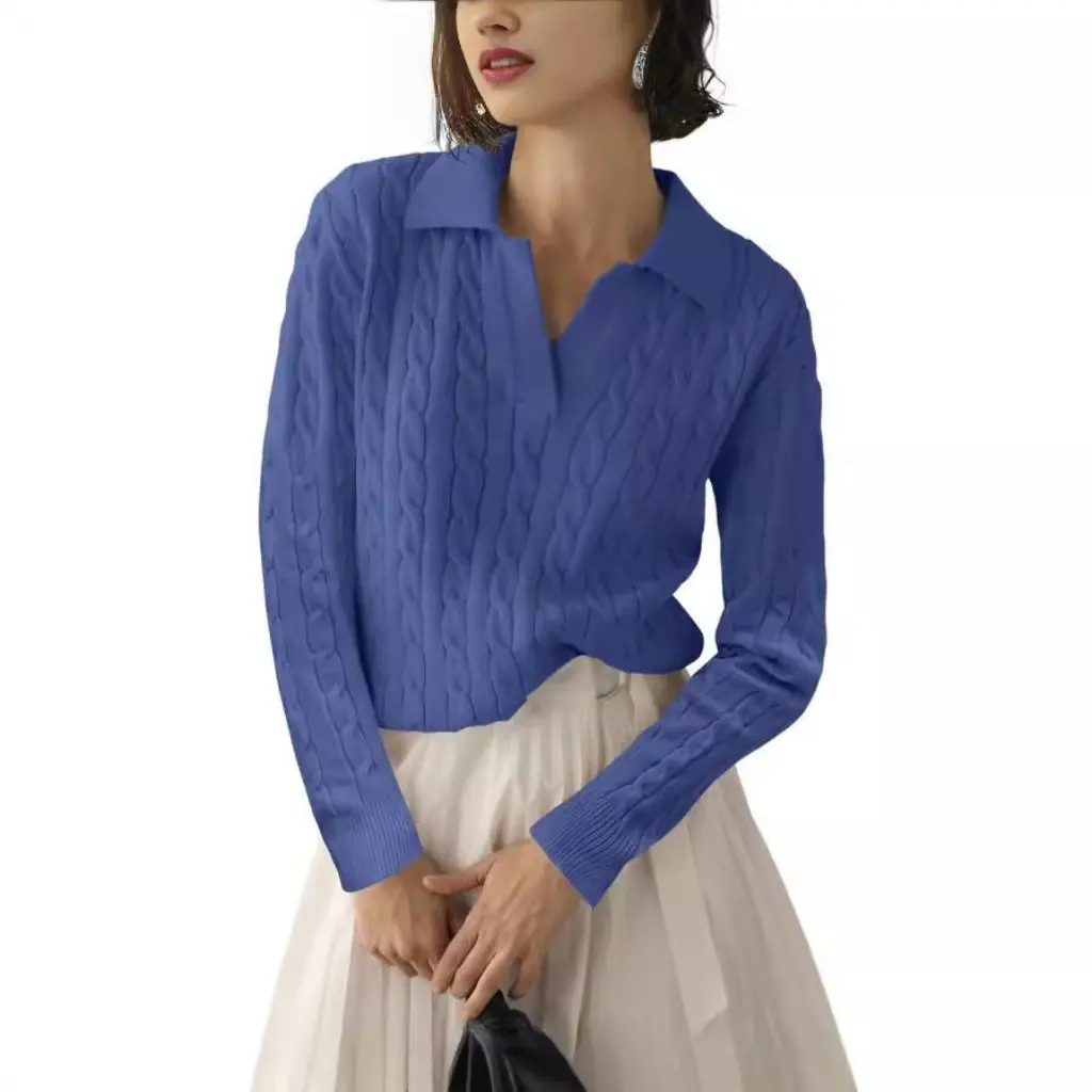 뉴 렐름 여성용 브이넥 케이블 니트 풀오버 부드러운 스웨터 가을/겨울 턴다운 칼라 캐주얼 탑 유럽 및 미국 스타일