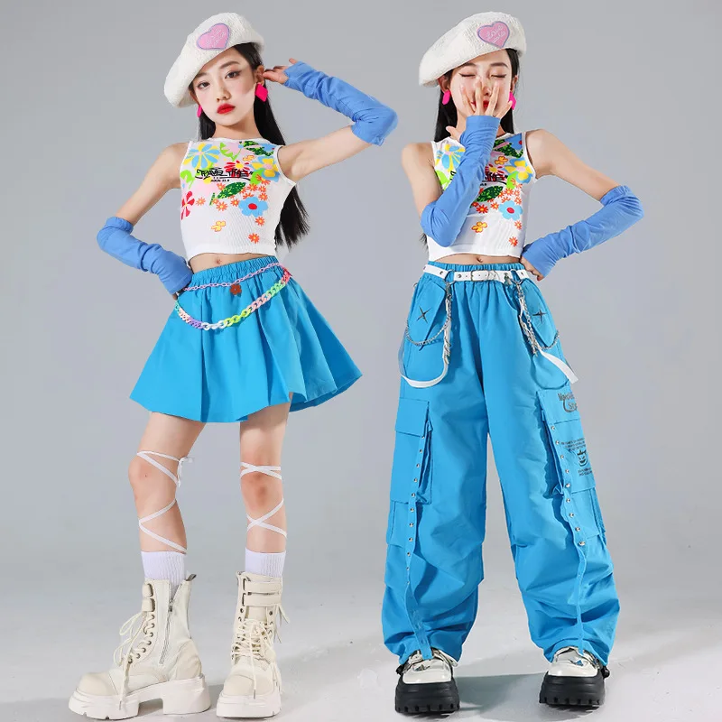 키즈 kpop 힙합 의류 자르기 꽃 탱크 탑 streetwear 블루 카고 바지 소녀 재즈 댄스 의상 옷