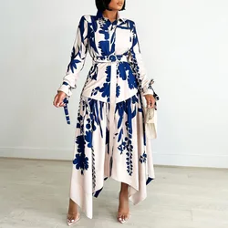 Spring Casual Printed Irregular Maxi Dress Women Printing Button Party Evening Holidays Long Dress with Belt Women