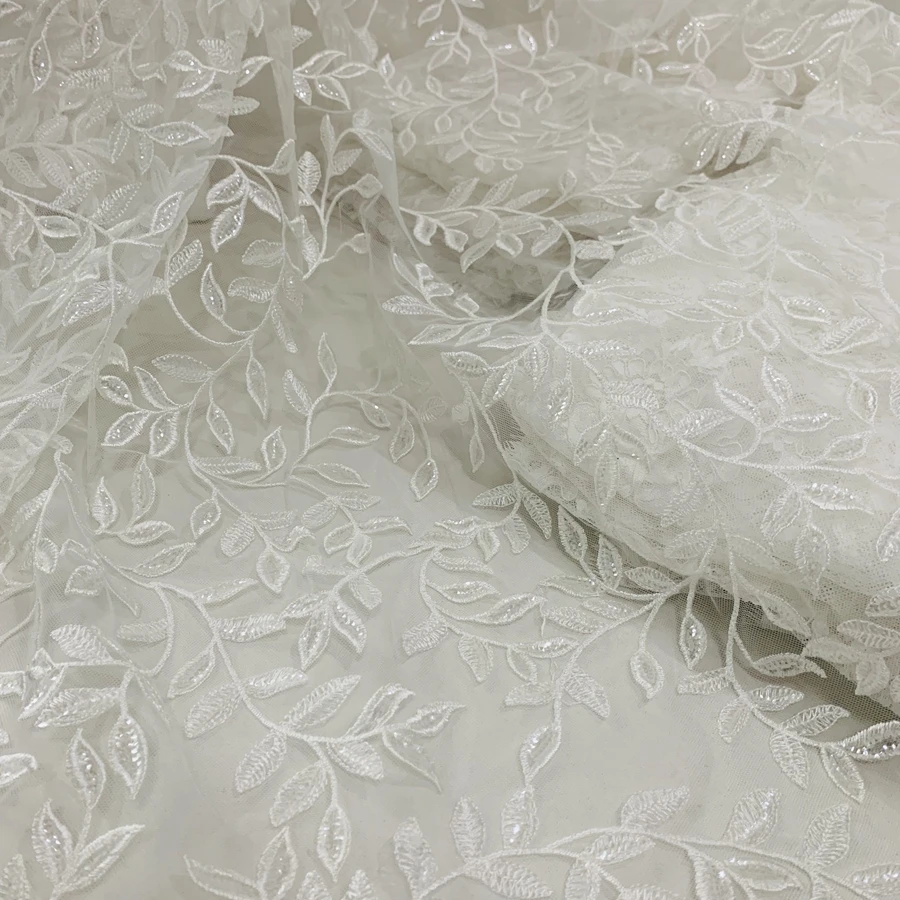 Delicate branch leaves design lace fabric embroideries with sequins shiny bride lace fabrics textile material 130CM Wide Ivory