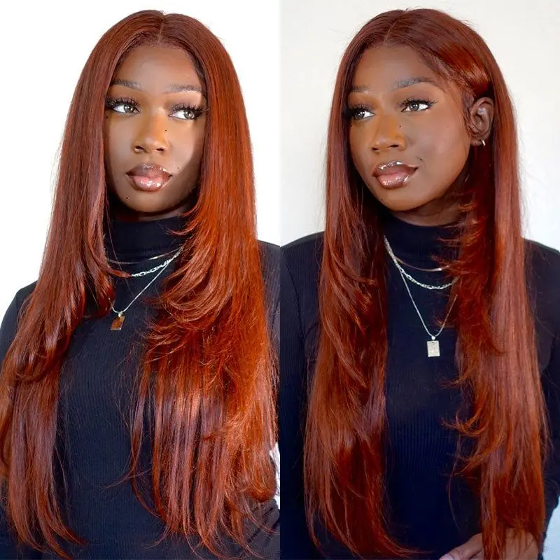 Reddish Brown 4x4  Lace Front Human Hair Dark Red Brown Brazilian Bone Straight Lace Frontal Wigs For Black Women Pre Plucked