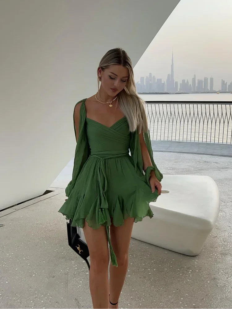 Women Fashion Chiffon Pleated Lace Up High Waist Mini Dress Chic Green Hollow Out Full Sleeve A-line Dresses Lady Beach Robes ﻿