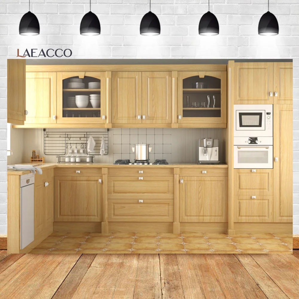 Laeacco Kitchen Backdrops Cooking Room Decor Wood Cupboard Kitchenware Family Portrait Photography Backgrounds For Photo Studio