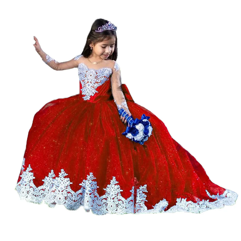 Vestidos de tul de encaje para niñas, vestidos de fiesta de comunión con lazo, vestido de desfile de princesa de manga larga con tren