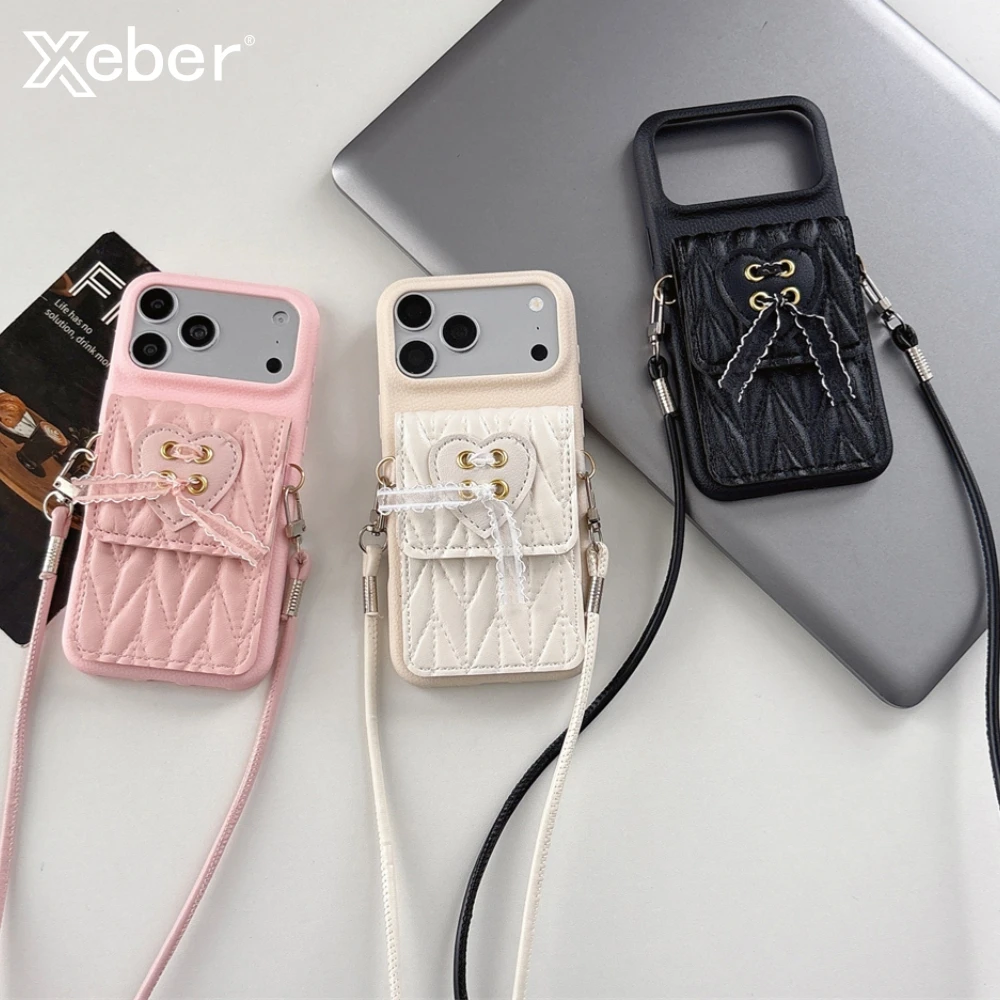 3D Herz Crossbody Leder Kartenhalter Brieftasche Handyhülle für iPhone 17 Air 16 Pro Max 15 14 Plus 13 12 11 Stoßfeste Hartschale