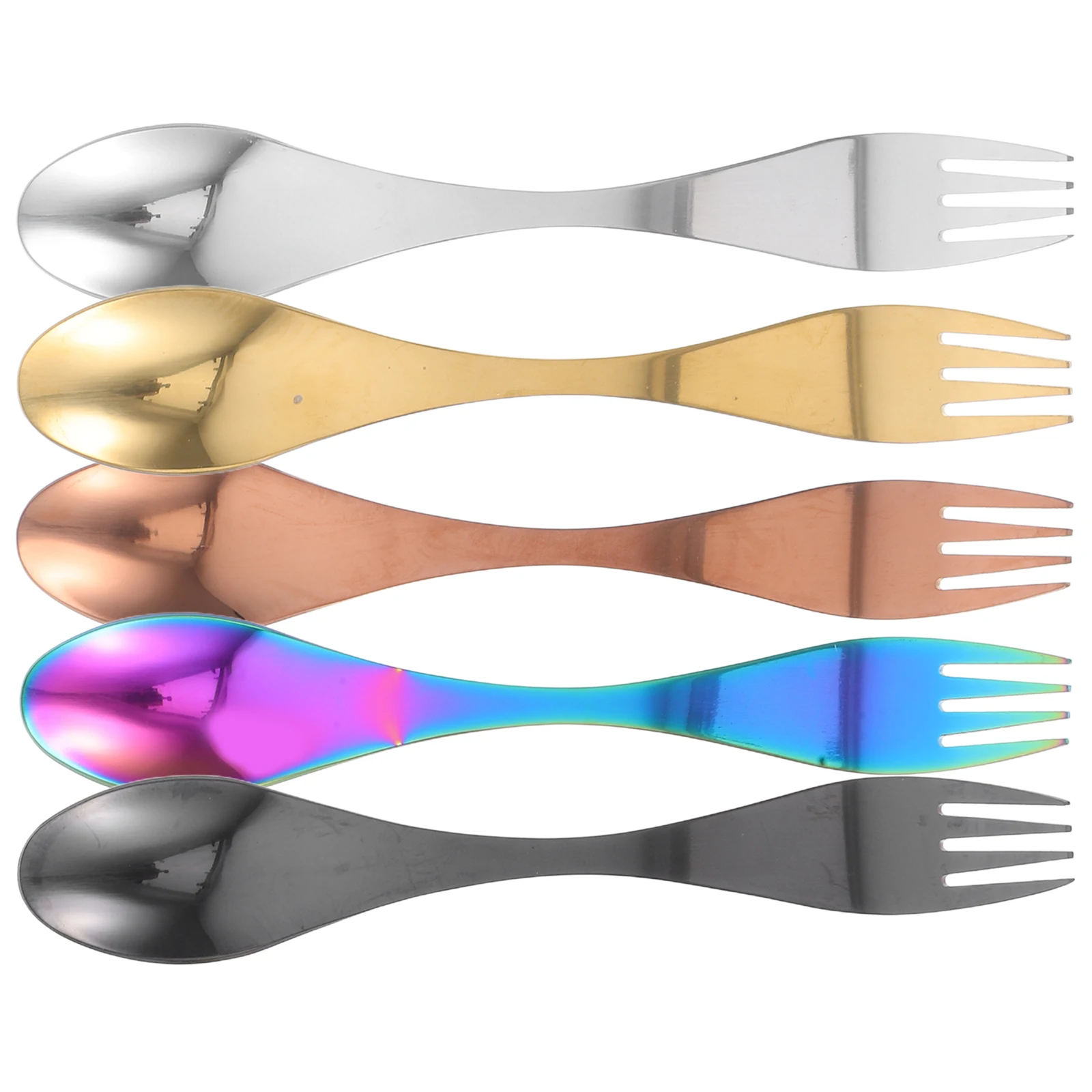 

5 шт., ложка-вилка из нержавеющей стали, дизайн 2-в-1, спортивная гладкая кромка, зеркальная отделка, легко чистящаяся посуда, комбинированная посуда для кемпинга, путешествий