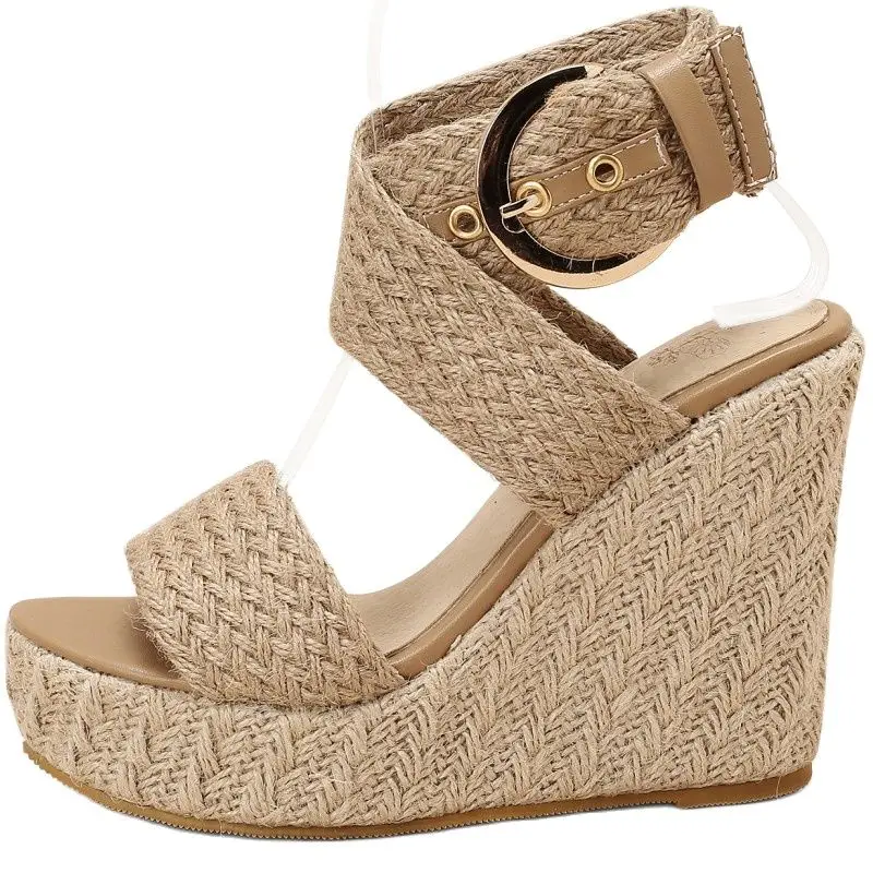 Large Size Summer Wedge Shoes For Women Sandals Platform Wedges High Heels Beige Knitted Gladiator Flip Flops Female Comfortable