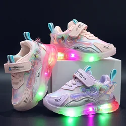 Girls New Four Season Fashion Luminous LED Sneakers Children Casual Light Up Sports Shoes Kids Lovely Pink and Purple Footwear