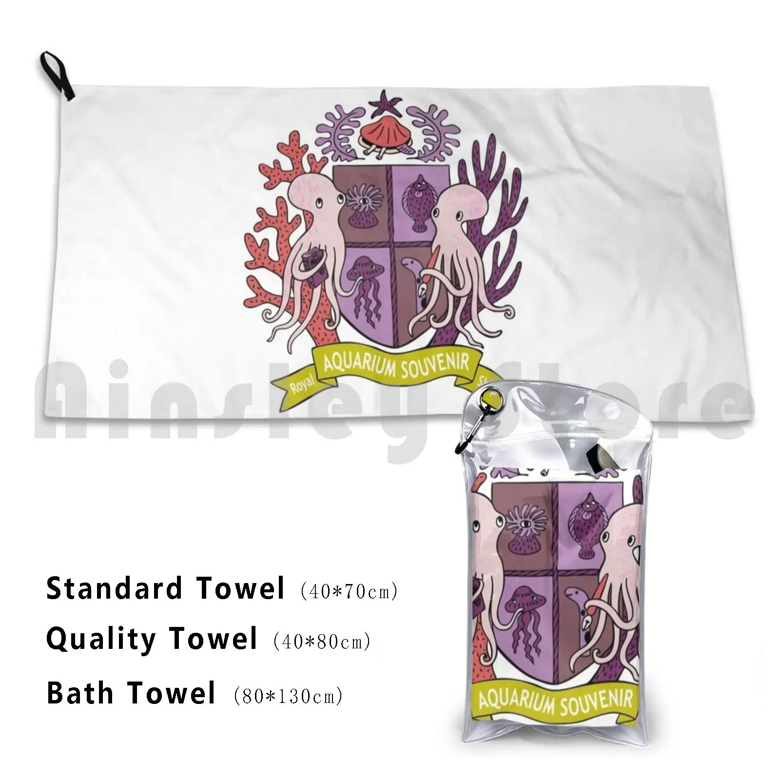 The Royal Aquarium Souvenir Shop Custom Towel Bath Towel Octopus Crest Shield Emblem Blue Hine Mizushima Sea