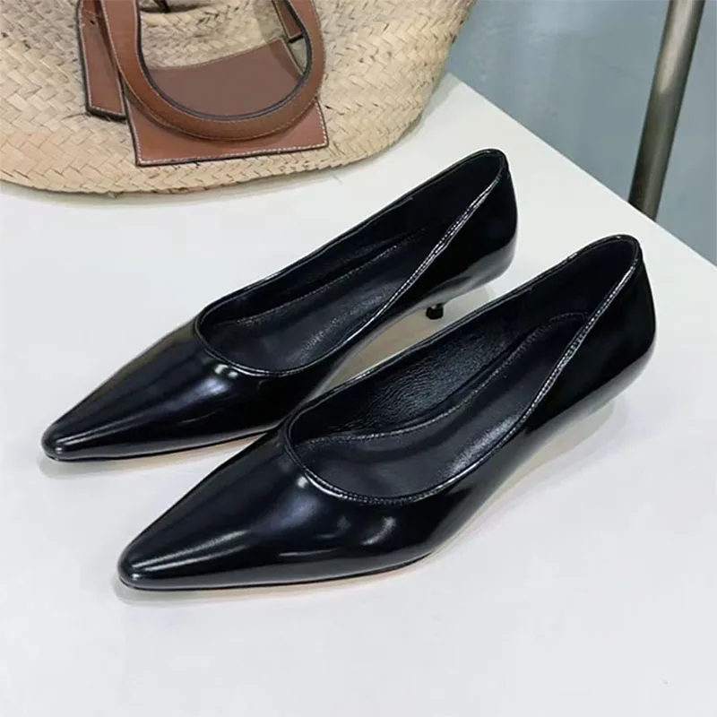 

New Kitten Heels Shoes For Women Retro Pointed Toe Mid Heels Shoes Women Genuine Leather Comfort Modern Pumps Woman