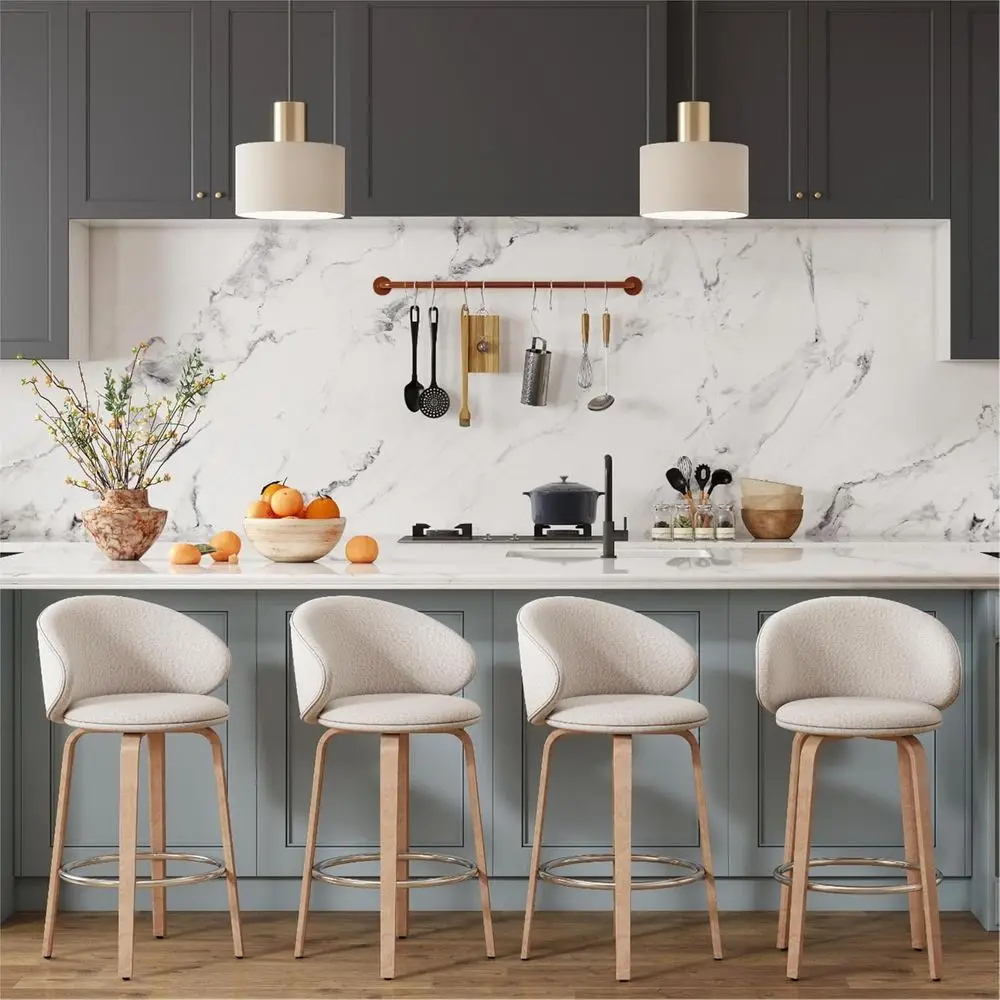 

Set of 4, 26 Upholstered Counter Stools with Footrest, White, Suitable for Kitchen, Dining Room, Island