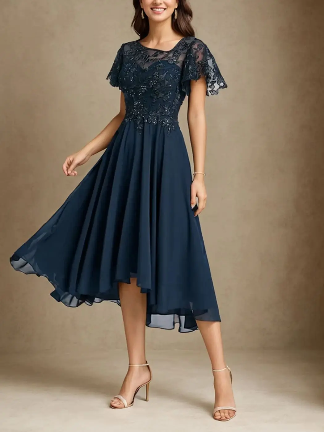 

Elegant A-Line Mother of the Bride Dress Chiffon Lace Tea Length Asymmetrical Neckline Short Sleeve Dress 2025 Free Customized