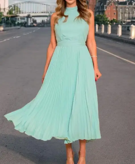 

Summer Dress Woman 2025 Women's Sleeveless O-Neck Hanging Neck High Waist Dress Pleated Dress Solid Color Elegant A-Line Dress